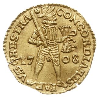 Utrecht, dukat 1708, odmiana bez wewnętrznej obwódki na awersie, Purmer Ut25, Delm. 965 (nie notuje tego rocznika w tym typie), złoto 3.44 g, ogromna rzadkość nienotowana w katalogu Delmontego, monety nowego typu (bez wewnętrznej obwódki) były wybijane w Utrechcie dopiero od 1718 roku, lekko pęknięty, ale ładnie zachowany