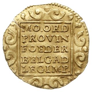 Utrecht, dukat 1708, odmiana bez wewnętrznej obwódki na awersie, Purmer Ut25, Delm. 965 (nie notuje tego rocznika w tym typie), złoto 3.44 g, ogromna rzadkość nienotowana w katalogu Delmontego, monety nowego typu (bez wewnętrznej obwódki) były wybijane w Utrechcie dopiero od 1718 roku, lekko pęknięty, ale ładnie zachowany