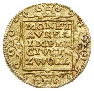 Zwolle, dukat 1653, z tytulaturą cesarza Ferdynanda II, Purmer Zw08, Delm. 1132 (R), złoto 3.47 g, ładnie zachowane