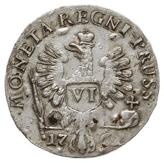 Prusy, szóstak 1761, Królewiec, odmiana z trzema lokami na ramieniu, Diakov 724, Bitkin 724, małe wyłuszczenia, ale bardzo ładna moneta z blaskiem menniczym