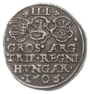trojak 1606, Aw: Popiersie w prawo, Rw: Tarcze herbowe Węgier, Bocskajów i Siedmiogrodu, Resch 88, patyna