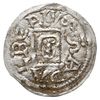 Denar 1146-1157, Aw: Cesarz z mieczem trzymanym poziomo siedzący na tronie na wprost, BOLEZLAVS, R..