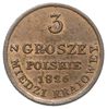 3 grosze polskie z miedzi krajowej 1826, Warszawa, Iger KK.26.1.a, Plage 161, Bitkin 1025, moneta ..