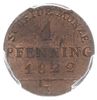1 fenig 1822 B, Wrocław, AKS 35, moneta w pudełku PCGS z notą MS 63RB, pięknie zachowany, z natura..
