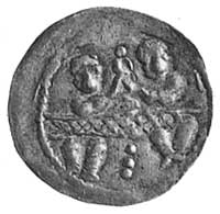 denar, Aw: Dwaj książęta za stołem, Rw: Stojący rycerz z tarczą i chorągwią,Kop.II -R-, Str.59