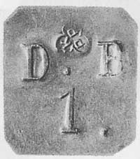 moneta zastępcza Dominium Bytoń, jednostronna, litery D B, cyfra 1, na górze punca KPP (mosiądz)