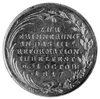 medal sygnowany LESR, wybity w 1817 r. w trzechsetną rocznicę Reformacji, Aw:Popiersie Lutra i wok..