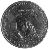 emaliowany medal brązowy 1602, Aw: Kościół przed którym stoi żołnierzw antycznej zbroi, wokół napi..