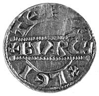 hrabia Florentius I (1049-1061), denar, mennica Leyda, Aw: Półpostać z krzyżemi napis: FLORENTIV, ..