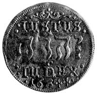 Christian IV (1588-1648), dukat 1644, Aw: Stojący król w zbroi i wokół napis, Rw:Napis: IUSTUS IUD..