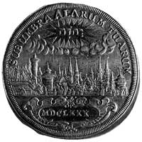 talar 1680, Aw: Trzy tarcze herbowe i napis, Rw: Panorama miasta i napis,Dav.5661