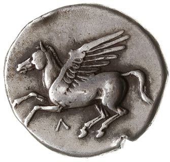 stater ok. 375-350 pne, Aw: Pegaz lecący w lewo, Rw: Głowa Ateny w hełmie w lewo, przed nią ΛΕΥΚΑΔΙΩΝ, Pegasi 49, SNG Cop. 336, srebro 8.37 g