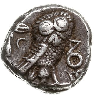 tetradrachma ok. 350-300 pne, Aw: Głowa Ateny w hełmie w prawo, Rw: Sowa w prawo, za nią gałązka oliwna i księżyc, przed nią ΑΘΕ, SNG Cop. 63, srebro 16.85 g