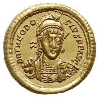 solidus 408-420, Konstantynopol, Aw: Popiersie cesarza na wprost z włócznią i tarczą, D N THEODOSIVS P F AVG, Rw: Constantinopolis siedząca na tronie, trzymająca berło i Wiktorię na globie, CONCORDIA AVCC Θ, odcinku CONOB, RIC X 202, Depeyrot 73/2, MIRB 12b, złoto 4.45 g, wyśmienicie zachowany ale z niewielką wadą wybicia na portrecie
