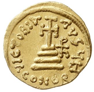 solidus, 632-635, Konstantynopol, Aw: Trzej cesarze stojący na wprost, trzymający globy z krzyżami, Rw: Krzyż na czterostopniowej podstawie, po prawej monogram Ph, VICTORIA AVGЧ Η, w odcinku CONOB, DOC 33e, MIB 39, Sear 758, złoto 4.44 g