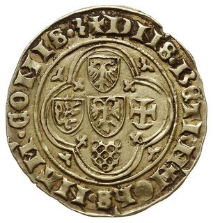 floren z lat 1418-1429, Aw: W czwórlistnej rozecie pięć tarcz herbowych, wokoło napis DNS BEThN' IOhS NAM COMIS 3, Rw: Św. Jan Chrzciciel stojący na wprost, wokoło napis S IOhANnES BABTISTA, Delmonte 34 (R4), Boudeau -, PdA -, złoto 3.32 g, moneta znana jedynie z Gabinetu w Brukseli, notowany tylko jeden egzemplarz, ekstremalna rzadkość, pięknie zachowany