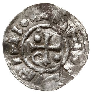 denar 985-995, mincerz Mauro (MAO), Aw: Dach kościoła, Rw: Krzyż z kulkami w kątach, Hahn 22f1.5, srebro 1.18 g, gięty i lekko pęknięty