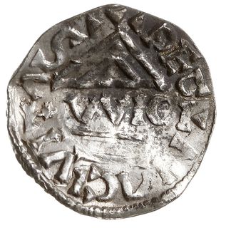 denar 995-1002, mincerz Viga (WICL), Aw: Dach kościoła, Rw: Krzyż z kulkami, klinem i kółkiem w kątach, Hahn 25e2.1, srebro 1.17 g, gięty