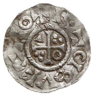 denar 1009-1024, mincerz Ag (ECHO), Aw: Popiersie w prawo, Rw: Krzyż z kulkami, klinem i kółkiem w kątach, Hahn 29b1, srebro 1.78 g, gięty