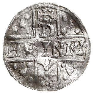 denar 1018-1026, Aw: Dach kościoła, Rw: Napis HEINRICVS wkomponowany w krzyż, Hahn 31d8.1, srebro 1.40 g, gięty, rzadszy typ
