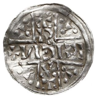 denar 1018-1026, mincerz Ag (CCCIIO), Aw: Dach kościoła, Rw: Napis HEINRICVS wkomponowany w krzyż, Hahn 31d9, srebro 1.43 g, gięty