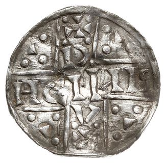 denar 1018-1026, mincerz Oc (OCH), Aw: Dach kościoła, Rw: Napis HEINRICVS wkomponowany w krzyż, Hahn 31f4.1, srebro 1.25 g, gięty