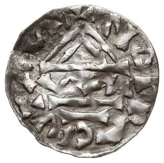 denar 985-995, Aw: Dach kościoła, Rw: Krzyż z kulkami i kółkiem w kątach, Hahn 72a1, srebro 1.50 g, gięty, rzadki