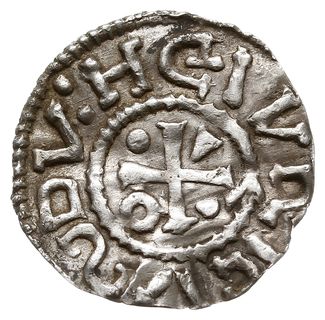 denar 995-1002, mincerz VIICI (Vaz), Aw: Dach kościoła, Rw: Krzyż z kulkami, klinem i kółkiem w kątach, Hahn 87b3, srebro 1.12 g, gięty