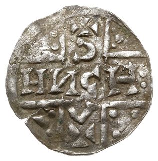 denar 1018-1024, Aw: Dach kościoła, Rw: Napis HEINRICVS wkomponowany w krzyż, Hahn 99A - nie notuje takiego podpisu mincerza, srebro 1.01 g, gięty, patyna