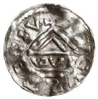 denar 989-995, Aw: Dach kościoła, Rw: Krzyż z kulkami i kółkiem w kątach, Hahn 138a1.19, srebro 1.54 g, gięty, pęknięty