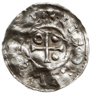 denar 989-995, Aw: Dach kościoła, Rw: Krzyż z kulkami i kółkiem w kątach, Hahn 138a1.19, srebro 1.54 g, gięty, pęknięty