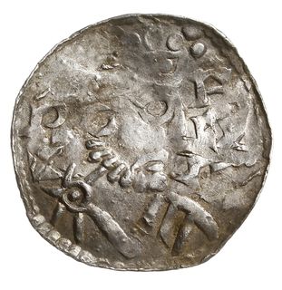 denar 1009-1024, Aw: Popiersie w prawo, Rw: Krzyż z kulkami, klinem i kółkiem w kątach, Hahn 145, srebro 1.33 g, gięty