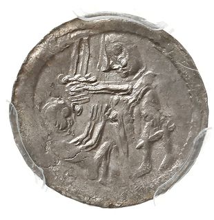 denar 1138-1146, Aw: Rycerz z mieczem nad jeńcem, Rw: Orzeł chwytający w locie zająca, Str. 43,  Such. XVIII, Gum-H. 87, Kop. 53 (R2), moneta w pudełku firmy PCGS z oceną MS62, pięknie zachowany