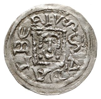 denar z lat 1146-1157, Aw: Książę z mieczem trzymanym poziomo siedzący na tronie na wprost, BOLEZLAVS,  Rw: Głowa w prostokątnej ramce, S ADALBERTVS, Gum.H. 88, Str. 51, Such. XIX/1, Kop. 54 (R3),  srebro 0.51 g, rzadsza odmiana, bardzo ładny