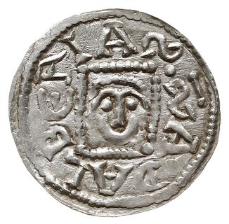 denar z lat 1146-1157, Aw: Książę z mieczem trzymanym poziomo siedzący na tronie na wprost, BOLEZLAVS, Rw: Głowa w prostokątnej ramce, S ADALBERTVS, Gum.H. 88, Str. 51, Such. XIX/1, Kop. 54 (R3), srebro 0.50 g, rzadsza odmiana, bardzo ładny