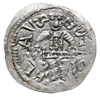 denar z lat 1146-1157, Aw: Książę z mieczem trzymanym poziomo siedzący na tronie na wprost, BOLEZLAVS, Rw: Głowa w prostokątnej ramce, S ADALBERTVS, Gum.H. 88, Str. 51, Such. XIX/1, Kop. 54 (R3), srebro 0.52 g, rzadsza odmiana, bardzo ładny
