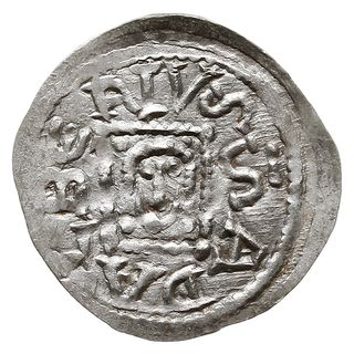 denar z lat 1146-1157, Aw: Książę z mieczem trzymanym poziomo siedzący na tronie na wprost, BOLEZLAVS, Rw: Głowa w prostokątnej ramce, S ADALBERTVS, Gum.H. 88, Str. 51, Such. XIX/1, Kop. 54 (R3), srebro 0.52 g, rzadsza odmiana, bardzo ładny