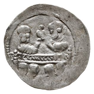 denar z lat 1146-1157, Aw: Dwaj książęta siedzący wspólnie za stołem, skierowani ku sobie trzymają wspólnie kielich, Rw: Rycerz stojący na wprost z proporcem i tarczą w dłoniach, Gum.H. 93, Kop. 56 (R1), Str. 59, Such. XIX/2, srebro 0.49 g