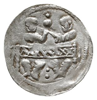 denar z lat 1146-1157, Aw: Dwaj książęta siedzący wspólnie za stołem, skierowani ku sobie trzymają wspólnie kielich, Rw: Rycerz stojący na wprost z proporcem i tarczą w dłoniach, Gum.H. 93, Kop. 56 (R1), Str. 59, Such. XIX/2, srebro 0.51 g