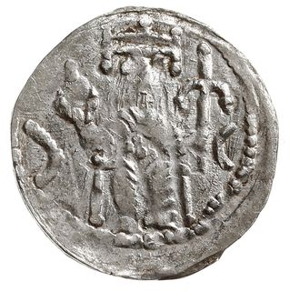 denar z lat 1157-1166, Aw: Cesarz siedzący na tronie na wprost, trzymający lilię w dłoni po prawej,  Rw: Napis poziomy w trzech liniach BOL / EZL / AVS, Gum.H. 89, Kop. 58 (R5), Str. 55, Such. XX/2,  srebro 0.39 g, rzadki