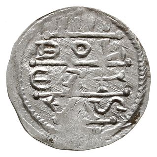 denar z lat 1157-1166, Aw: Cesarz siedzący na tronie na wprost, trzymający lilię w dłoni po prawej,  Rw: Napis poziomy w trzech liniach BOL / EZL / AVS, Gum.H. 89, Kop. 58 (R5), Str. 55, Such. XX/2,  srebro 0.42 g, rzadki