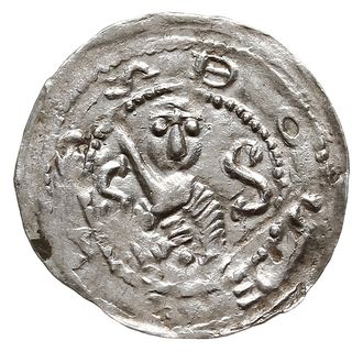 denar z lat 1157-1166, Aw: Popiersie księcia na wprost trzymającego miecz, BOLEZLAS, Rw: Trzej książęta za stojący za stołem na wprost, Gum.H. 92, Kop. 57 (R4), Str. 58, Such. XXI, srebro 0.35 g
