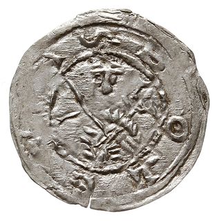 denar z lat 1157-1166, Aw: Popiersie z mieczen na wprost, Rw: Trzej bracia siedzący za stołem, srebro 0.33 g,  Gum.H. 92, Kop. 57 (R4), Str. 58, Such. XXI