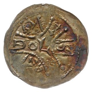 denar, po 1166 roku, Aw: Książę na koniu w prawo, trzymający proporzec przed sobą, Rw: Trzy łuki, między  nimi podzielony napis BOLEZLAV, Str. 54, Such. XXIII, Kop. 62 (R3), Gum-H. 98 (RR), srebro 17 mm, 0.38 g,  ładna złocista i tęczowa patyna, bardzo rzadki i dość ładnie zachowany