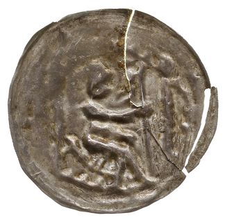 brakteat 1194-1227?, Książę z proporcem na tronie, Str. XXI.23, Kop. 292 (R4), Gum-H. 257, srebro 20 mm,  0.18 g, pęknięty i sklejony, bardzo rzadki