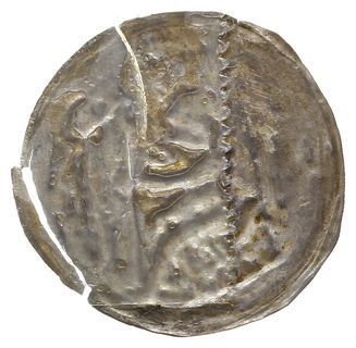 brakteat 1194-1227?, Książę z proporcem na tronie, Str. XXI.23, Kop. 292 (R4), Gum-H. 257, srebro 20 mm,  0.18 g, pęknięty i sklejony, bardzo rzadki