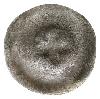 brakteat 1. ćwierć XIV w., Krzyż grecki z rozszerzonymi ramionami, w jednym kącie skośna kreska,  BRP Przyłęk 2, srebro 16 mm, 0.24 g, rzadki, patyna