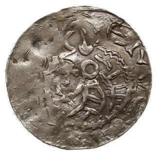 naśladownictwo denara Brzetysława I (1037-1055) z połowy XI w., Aw: Postać z krzyżem w lewo, wokoło imitacja napisu, Rw: Ptak w lewo, wokoło imitacja napisu, analogiczny do: Smerda 148a, Cach 313, srebro 20 mm, 1.15 g