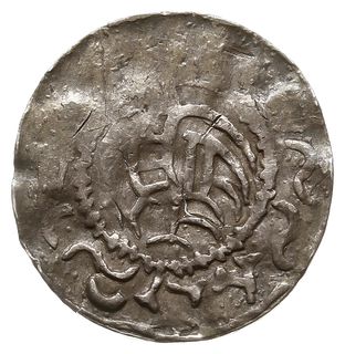 naśladownictwo denara Brzetysława I (1037-1055) z połowy XI w., Aw: Postać z krzyżem w lewo, wokoło imitacja napisu, Rw: Ptak w lewo, wokoło imitacja napisu, analogiczny do: Smerda 148a, Cach 313, srebro 20 mm, 1.15 g