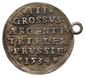 trojak 1534, Toruń, duża głowa króla w ozdobnej kryzie, końcówki napisu PRVSS/PRVSSIE, Iger T.34.2.a (R4), Tyszk. 18, CNCT 1188, patyna, moneta z zawieszką, ale bardzo ładnie zachowana i rzadka